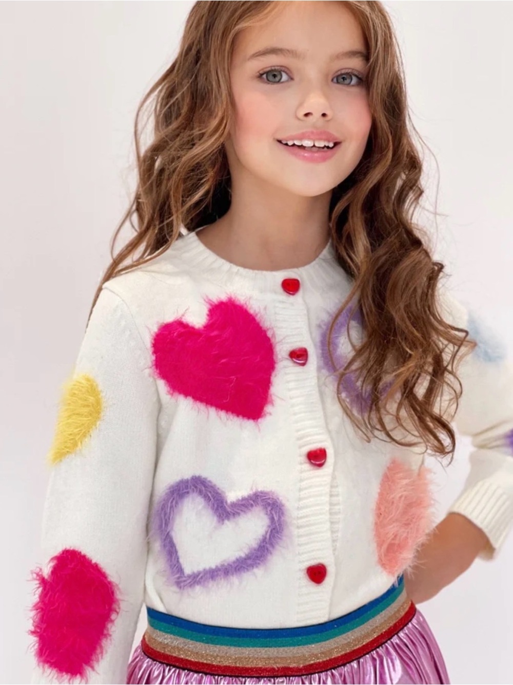Lola + the Boys Fuzzy Heart Cardigan Sweater Sz 7-8